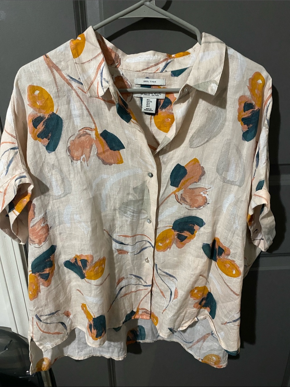 Rachel Zoe Linen Floral Button-Down Shirt in Cream, Mustard & Teal